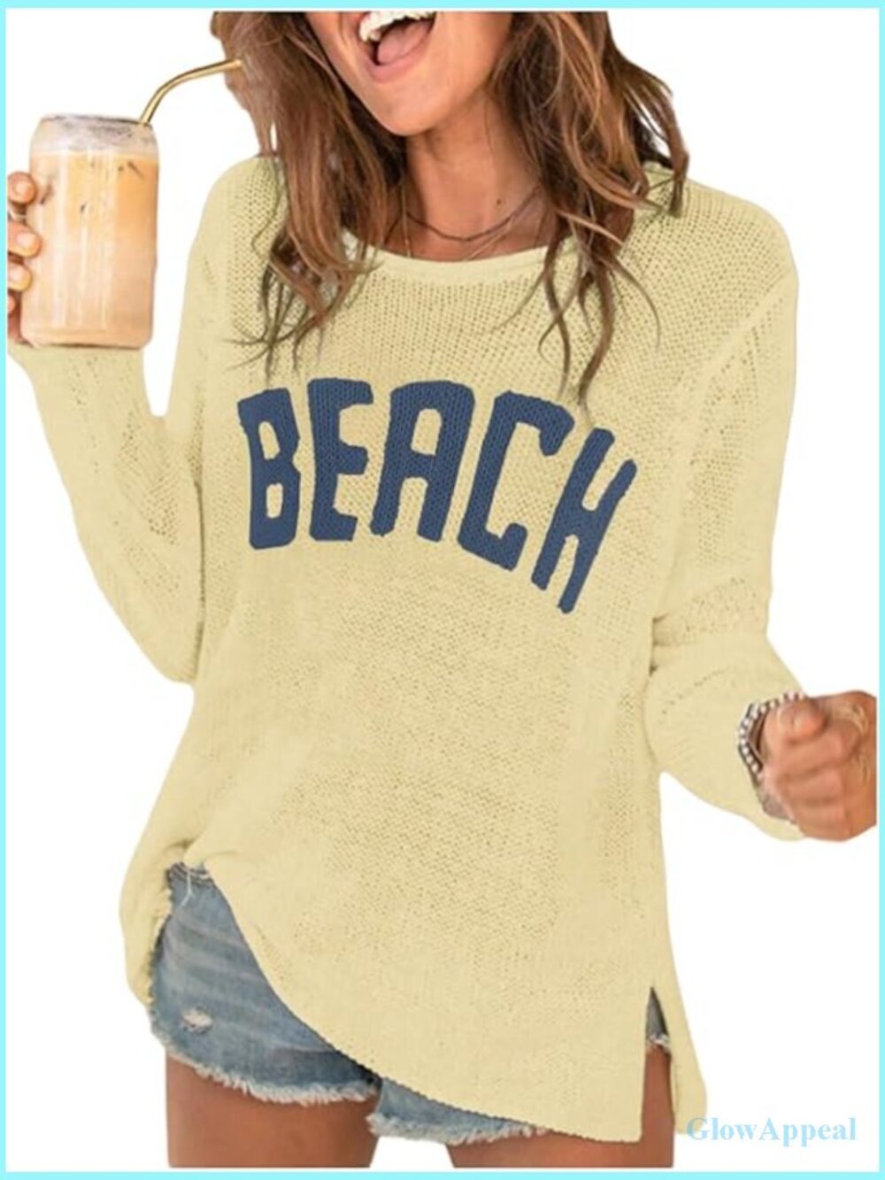 Long Sleeve Crochet Sweater Cover Up Split Hem Loose Fit Beach Wear